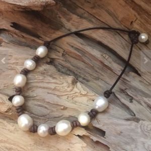 Real Leather &  Pearl Necklace NWT Beach Jewelry!